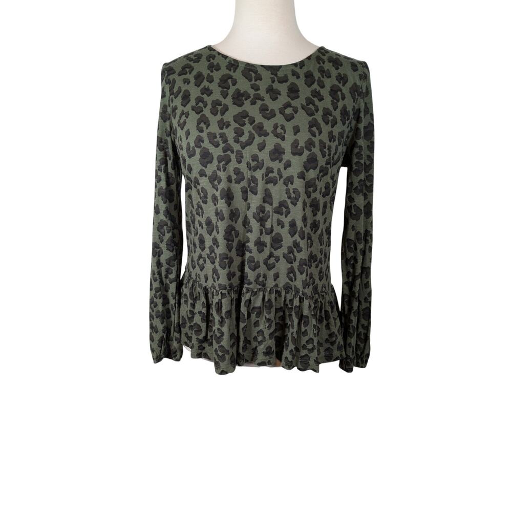 Lucky Brand Small Blouse Top Hunter Green Leopard Print Long Sleeve Ruffle Hem